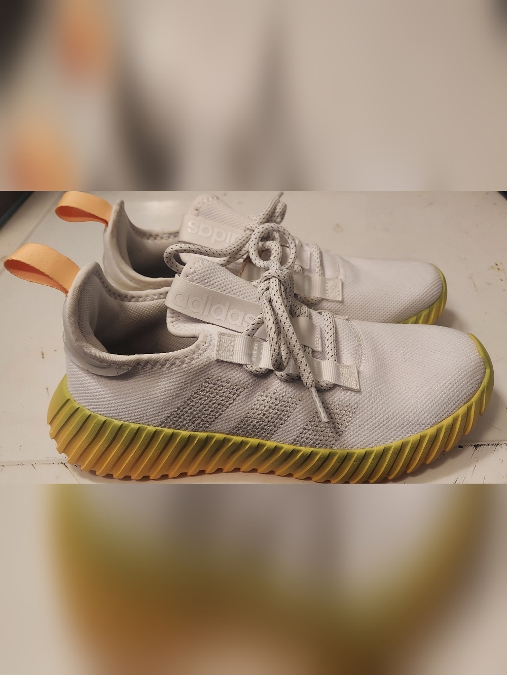 adidas White Knit Kaptir Flow Running Shoes with Yellow-Green Gradient Outsole